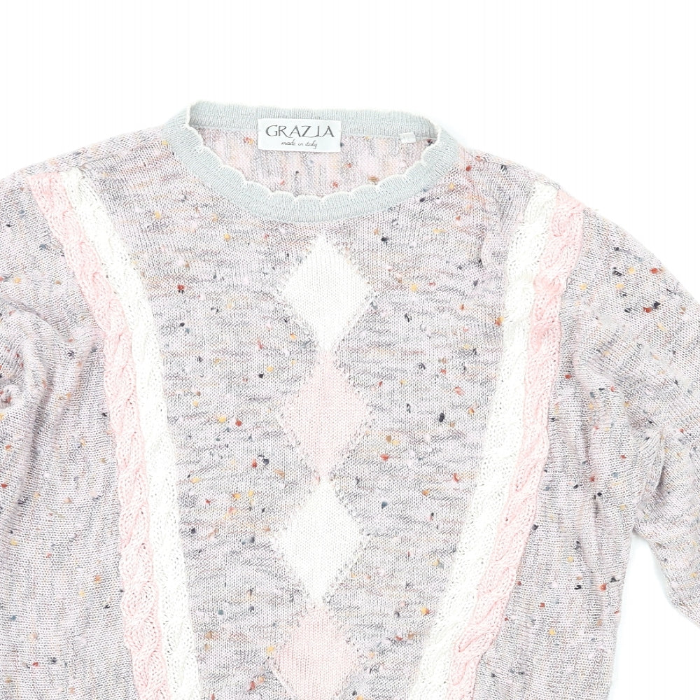 Close-up detail of GRAZIA women’s multicoloured jumper, size UK 12