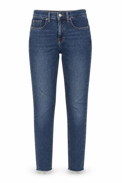 Front view of Topshop women’s blue skinny jeans, size UK 25, 32-inch leg