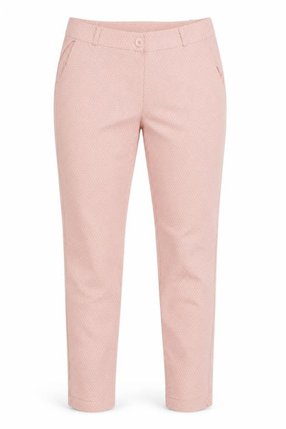Front view of Preworn women’s pink polka dot trousers, size UK 30, 28-inch leg