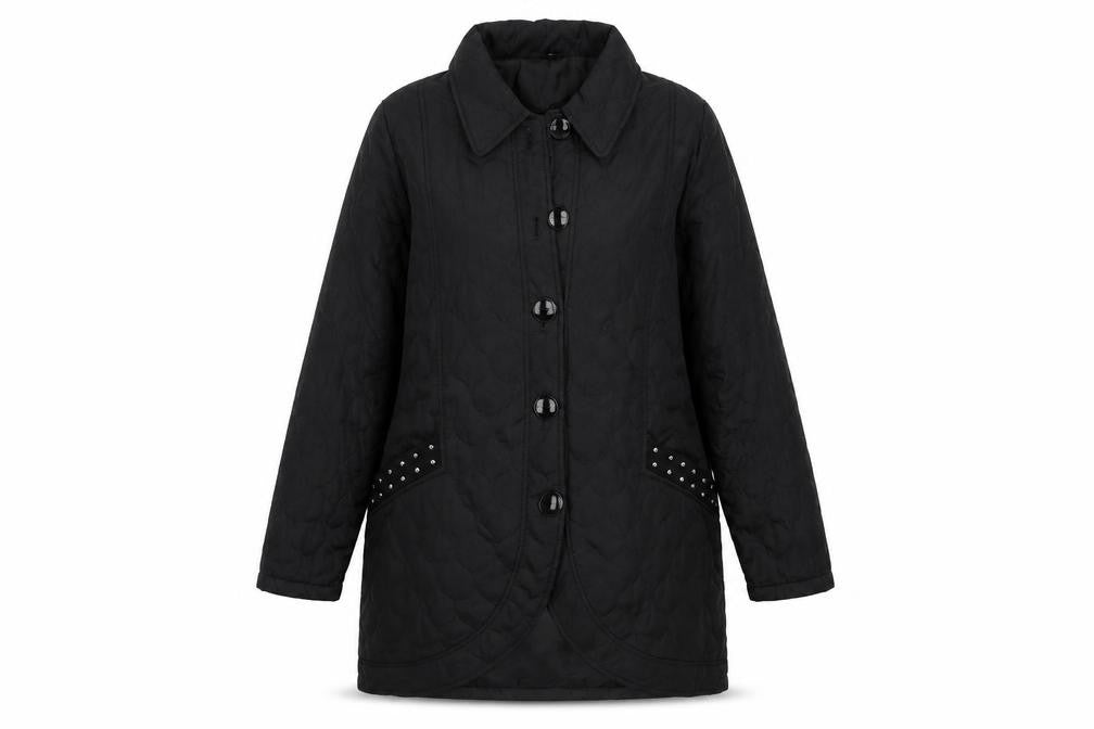 Front view of Being Casual women’s black overcoat coat, size UK 14