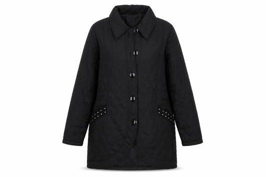 Front view of Being Casual women’s black overcoat coat, size UK 14