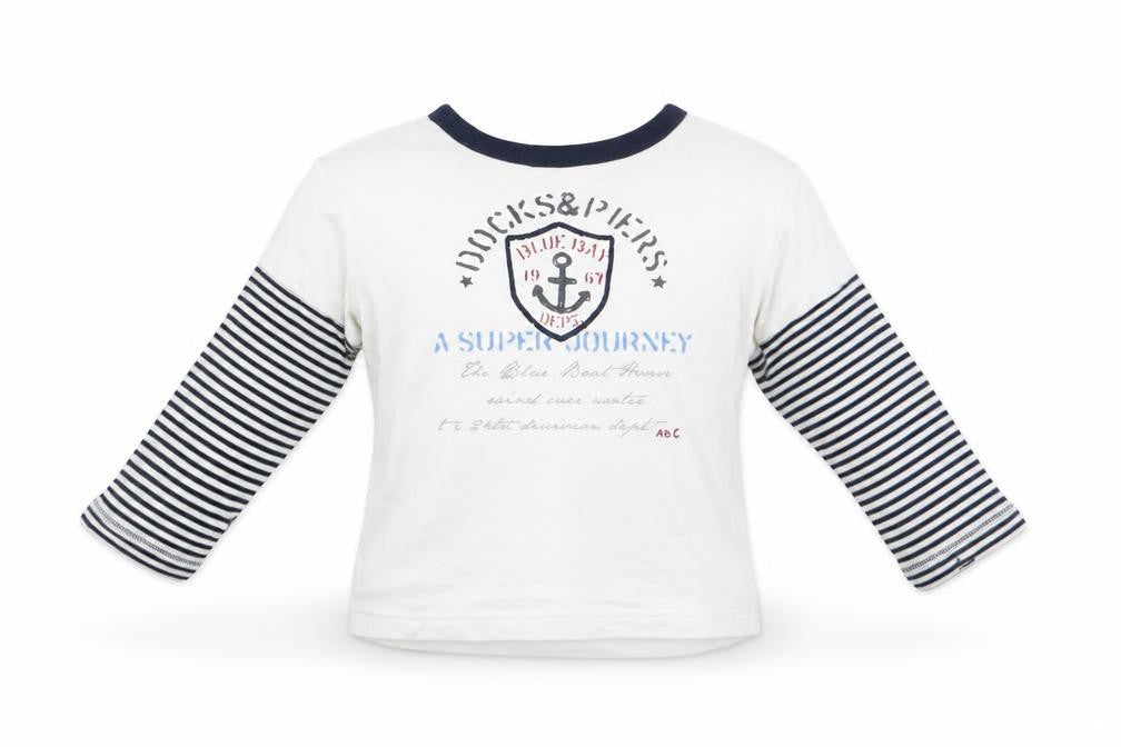 Front view of Beneton boys’ ivory striped basic casual, size 9-12, months - docks & piers