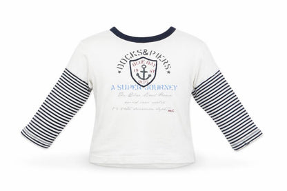 Front view of Beneton boys’ ivory striped basic casual, size 9-12, months - docks & piers