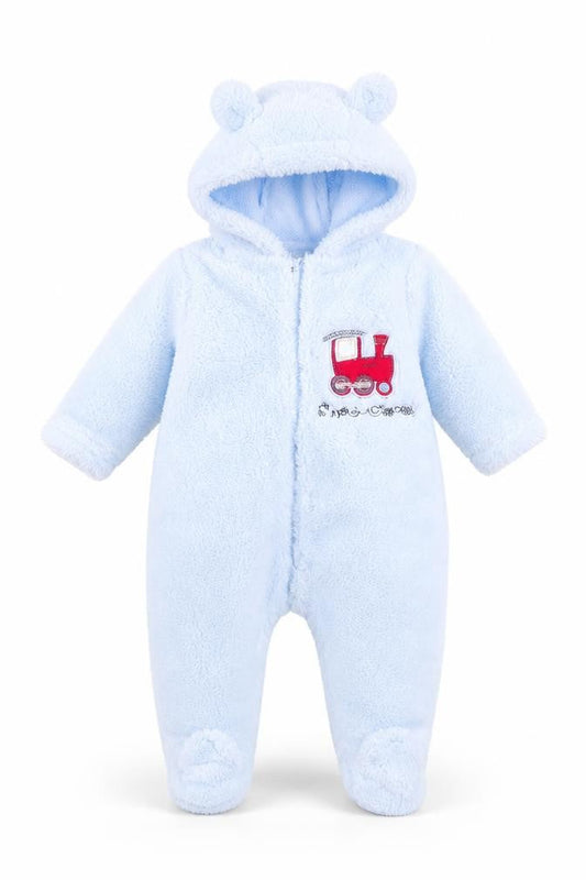 Front view of Little but Loud boys’ blue babygrow one-piece, size 0-3, months - ears on hood train logo