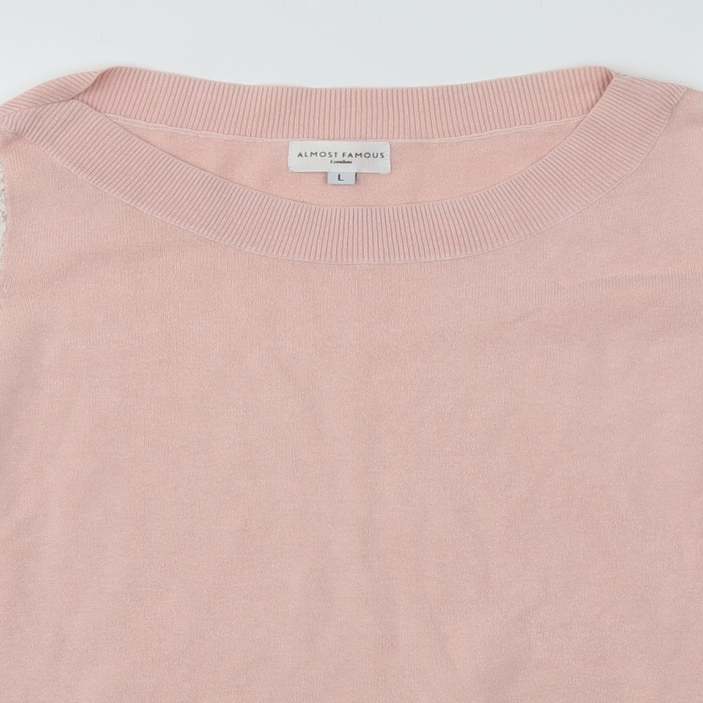 Close-up detail of Almost Famous women’s pink basic blouse, size L