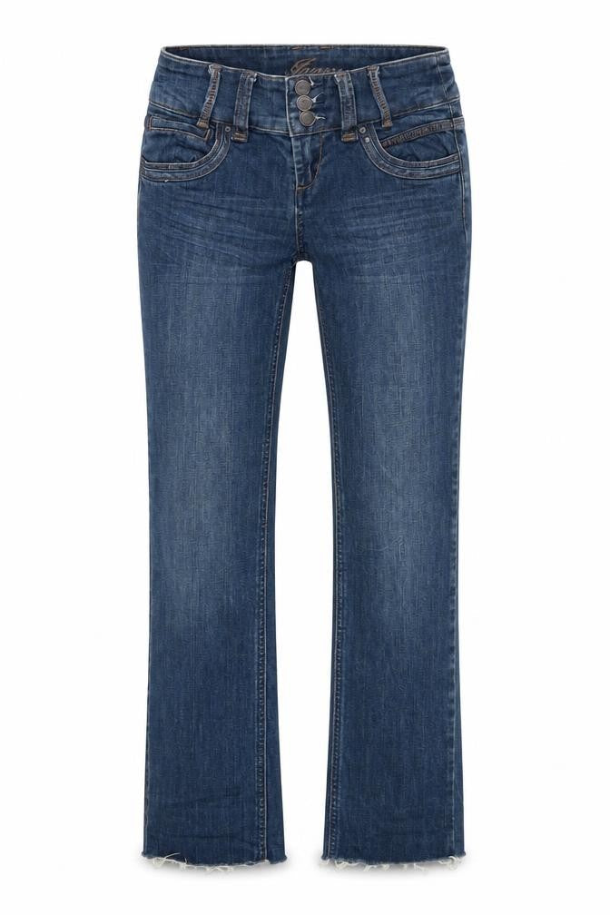 Front view of women’s blue straight jeans, size UK 26, 28-inch leg