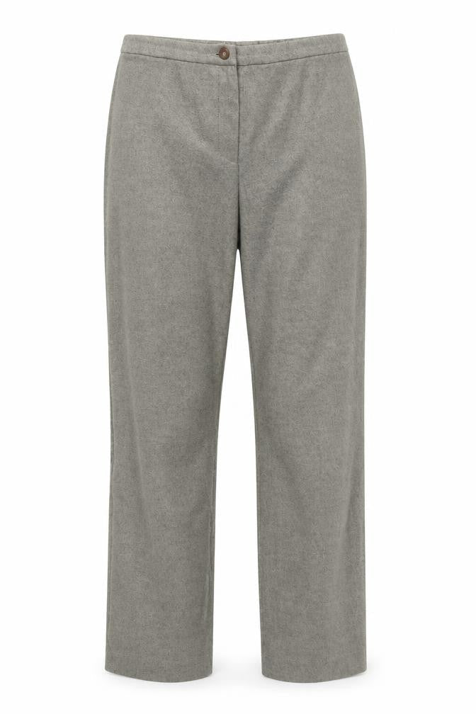 Front view of H&M women’s beige trousers, size UK 32, in, 28-inch leg