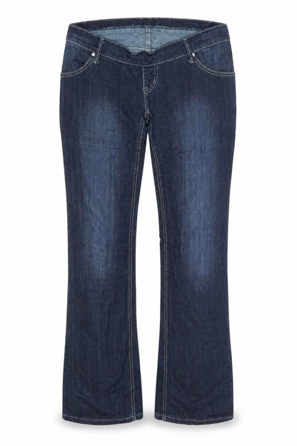 Front view of makpl women’s blue bootcut jeans, size XL, 32-inch leg