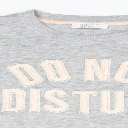 Close-up detail of New Look boys’ grey jumper, size S, - do not disturb