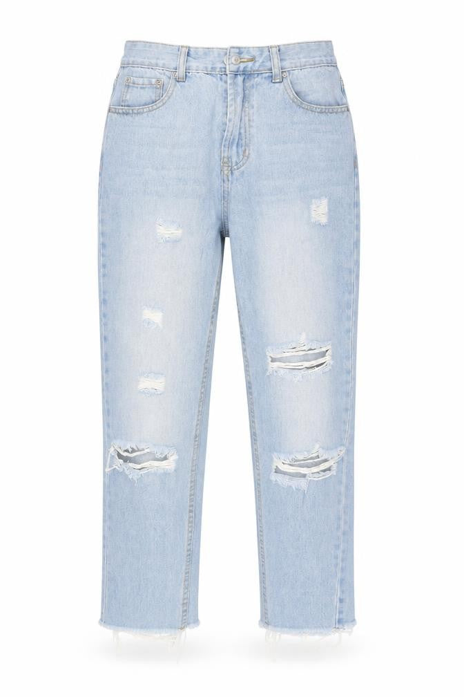 Front view of PRETTYLITTLETHING women’s blue straight jeans, size UK 8, 25-inch leg