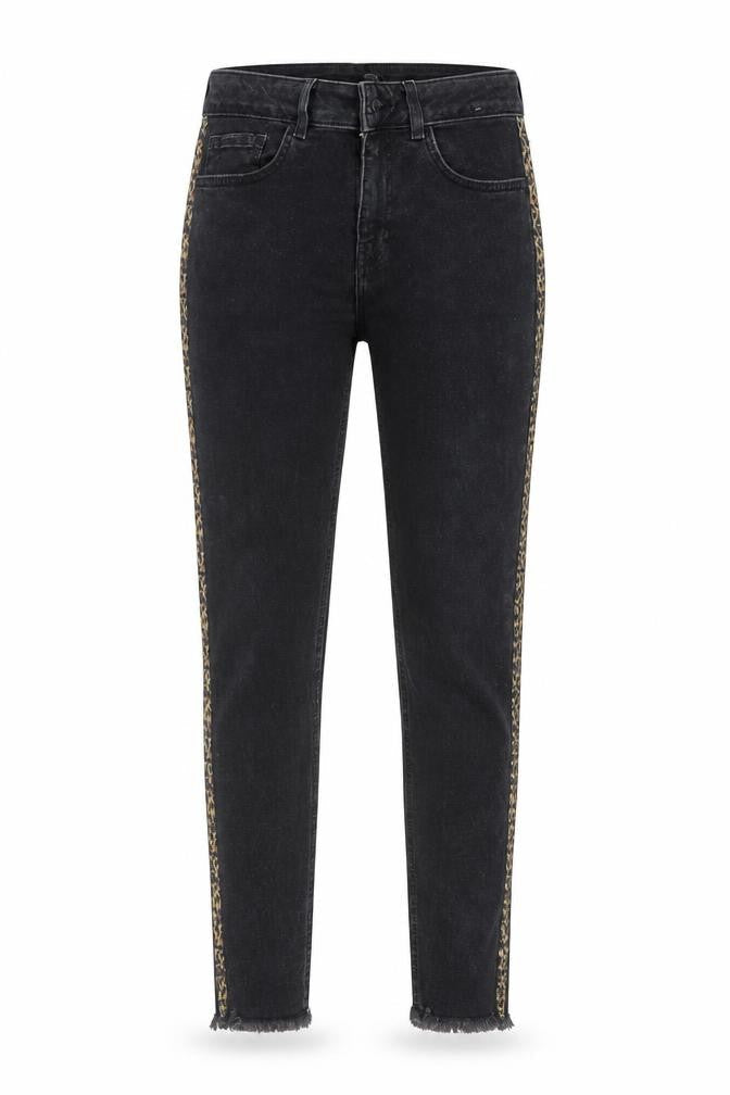 Front view of DENIM CO women’s black animal print skinny jeans, size UK 10, 27-inch leg
