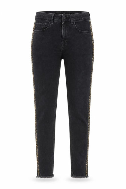 Front view of DENIM CO women’s black animal print skinny jeans, size UK 10, 27-inch leg