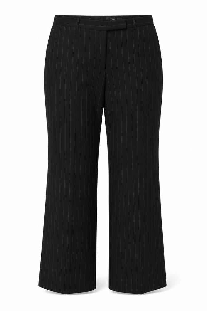 Front view of H&M women’s black striped dress pants trousers, size UK 16, 32-inch leg