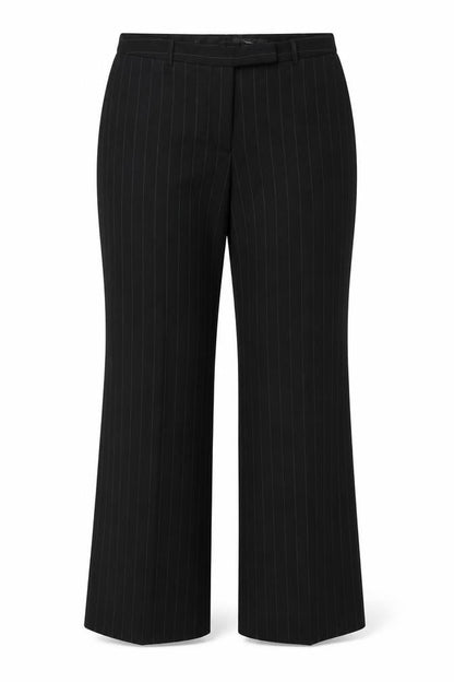 Front view of H&M women’s black striped dress pants trousers, size UK 16, 32-inch leg