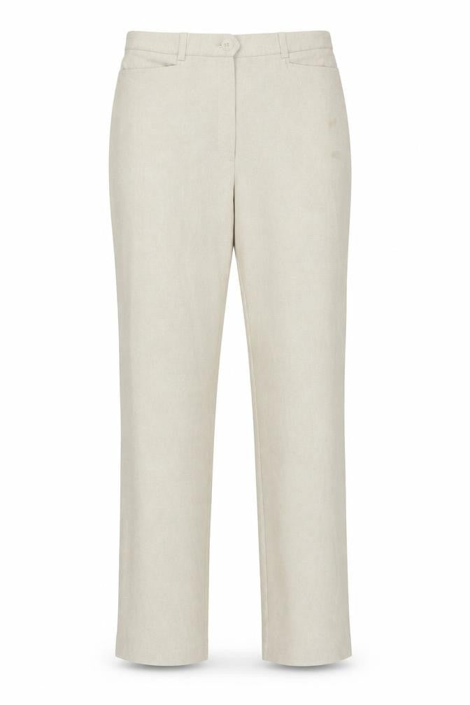 Front view of Preworn women’s beige trousers, size UK 12, 30-inch leg