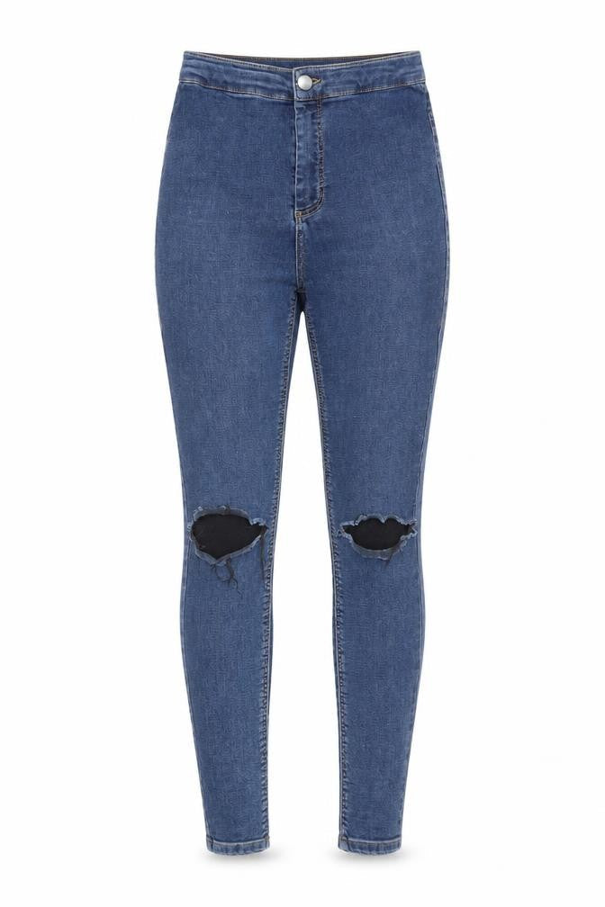Front view of Topshop women’s blue skinny jeans, size UK 28, 30-inch leg