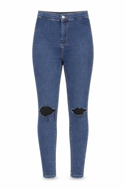 Front view of Topshop women’s blue skinny jeans, size UK 28, 30-inch leg