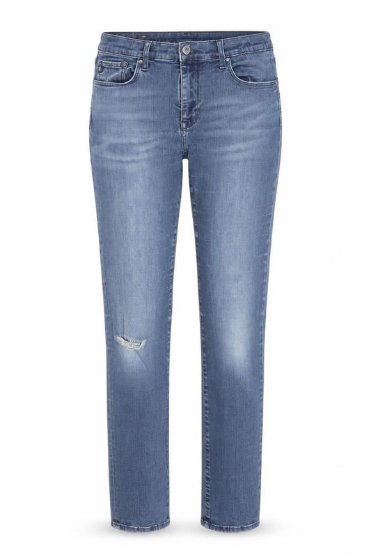 Front view of &DENIM women’s blue skinny jeans, size UK 30, 32-inch leg