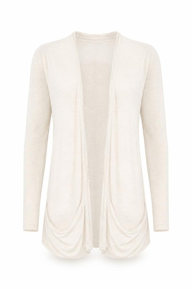 Front view of Miss Selfridge women’s beige cardigan jumper, size UK 10
