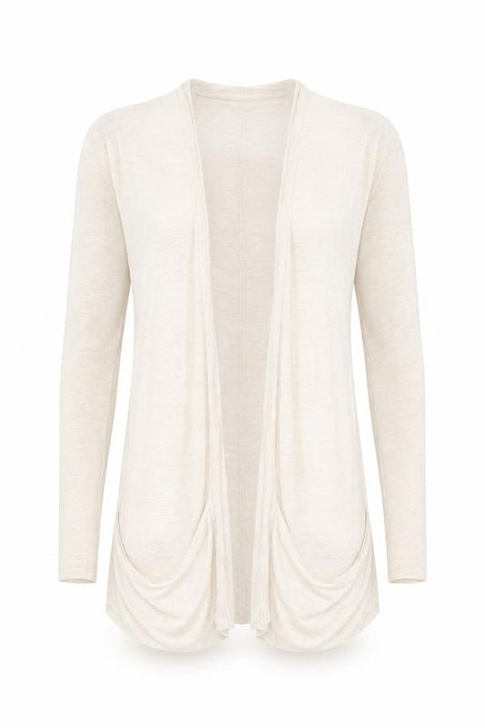 Front view of Miss Selfridge women’s beige cardigan jumper, size UK 10