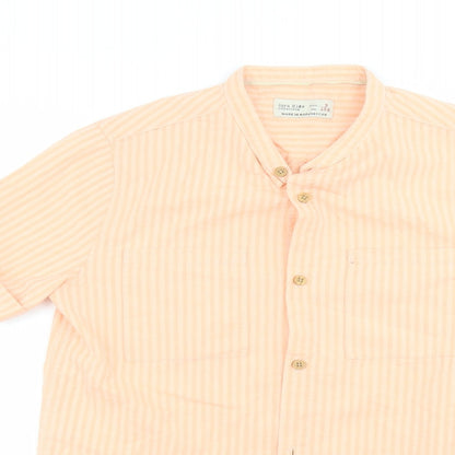 Close-up detail of Zara girls’ pink striped basic button-up, size 9, years
