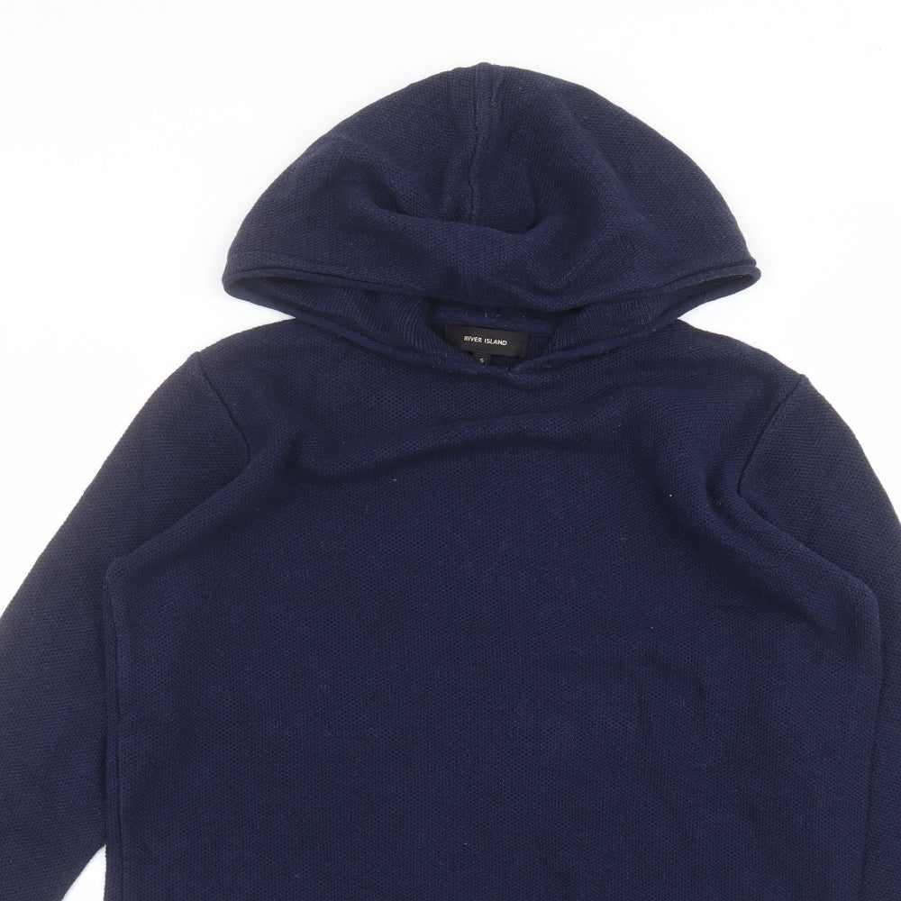 Close-up detail of River Island women’s blue pullover hoodie, size S