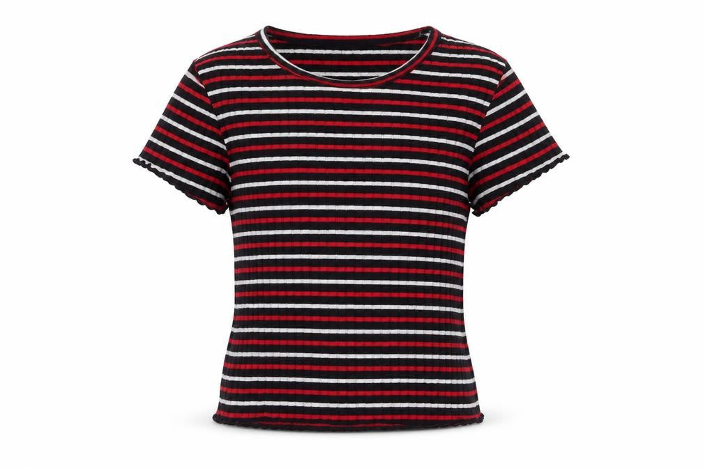 Front view of Primark boys’ black striped basic t-shirt, size 8-9, years
