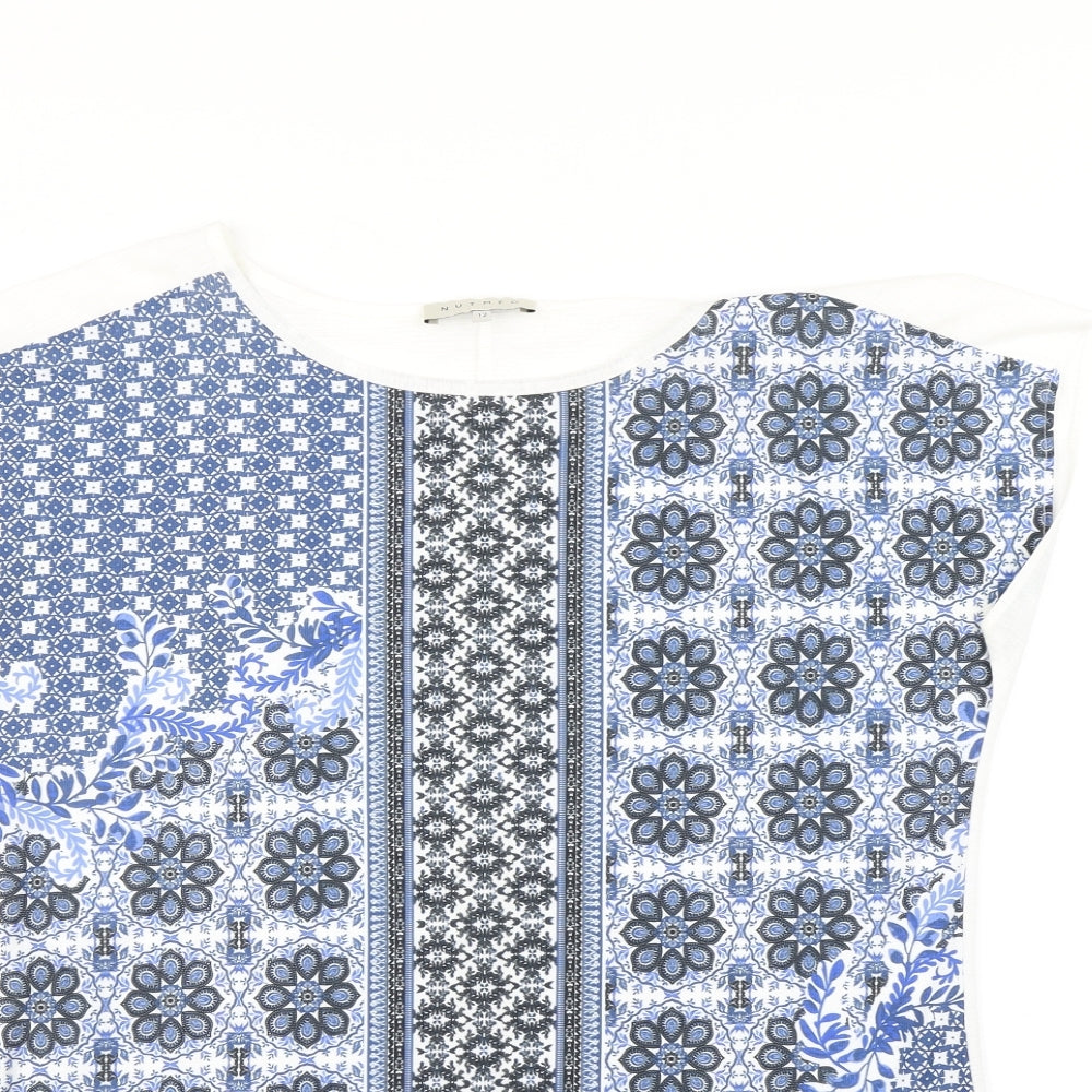 Close-up detail of Ntmeg women’s blue basic t-shirt, size UK 12