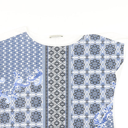 Close-up detail of Ntmeg women’s blue basic t-shirt, size UK 12