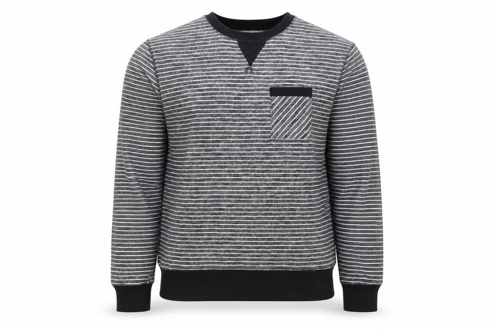 Front view of Cedarwood State men’s grey striped jumper, size XL