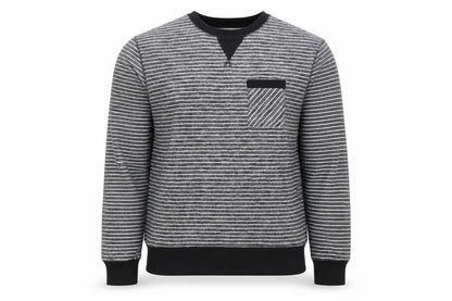 Front view of Cedarwood State men’s grey striped jumper, size XL