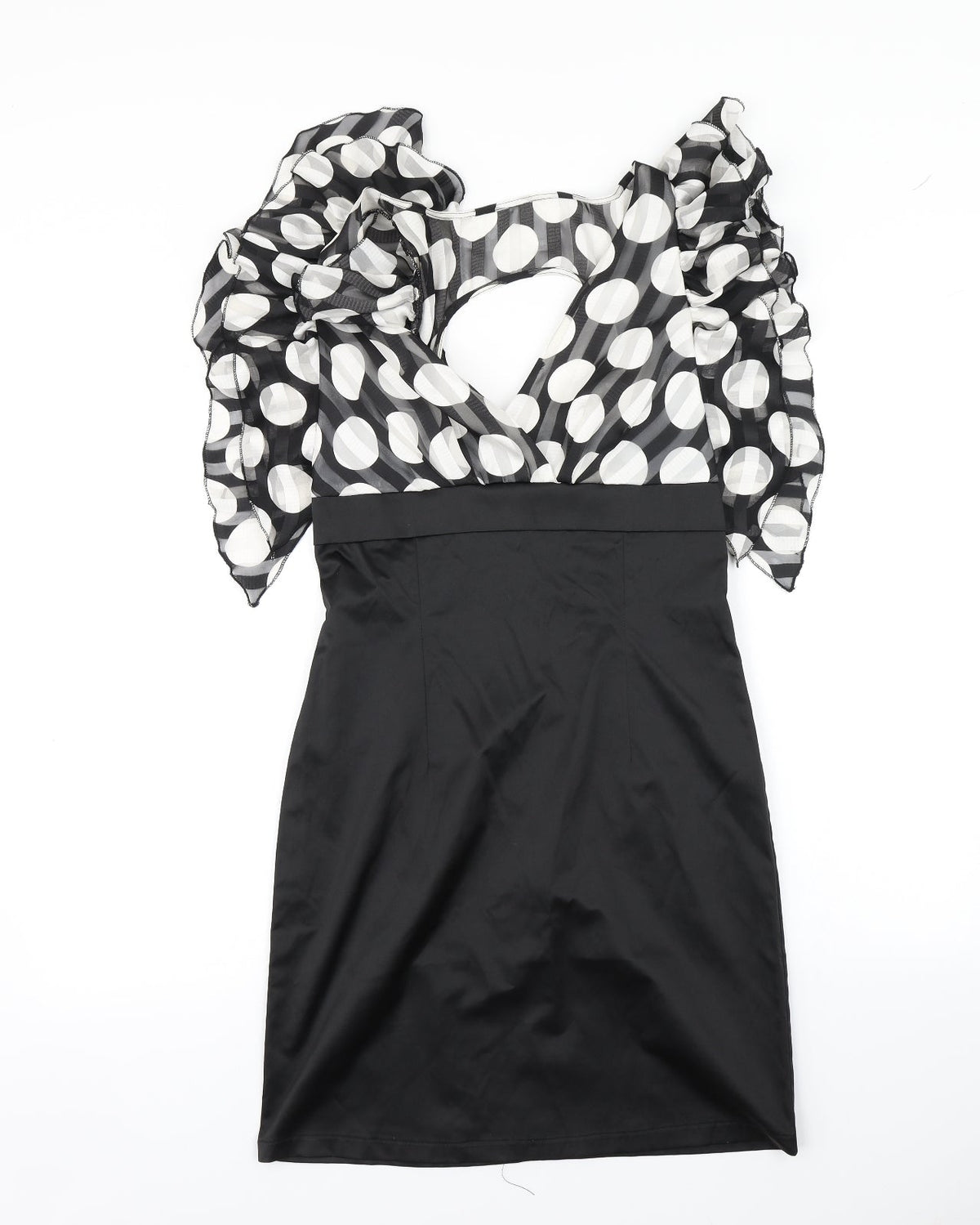 Front view of Explosion women’s black polka dot bodycon, size UK 10