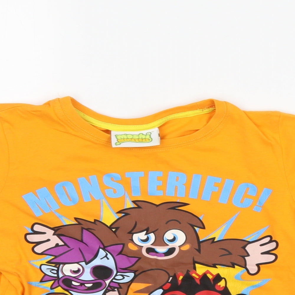 Close-up detail of moshi monsters girls’ orange basic t-shirt, size 7-8, years