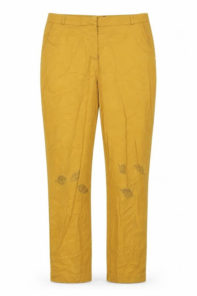 Front view of F&F women’s yellow floral trousers, size UK 10, 28-inch leg