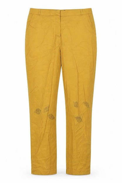 Front view of F&F women’s yellow floral trousers, size UK 10, 28-inch leg