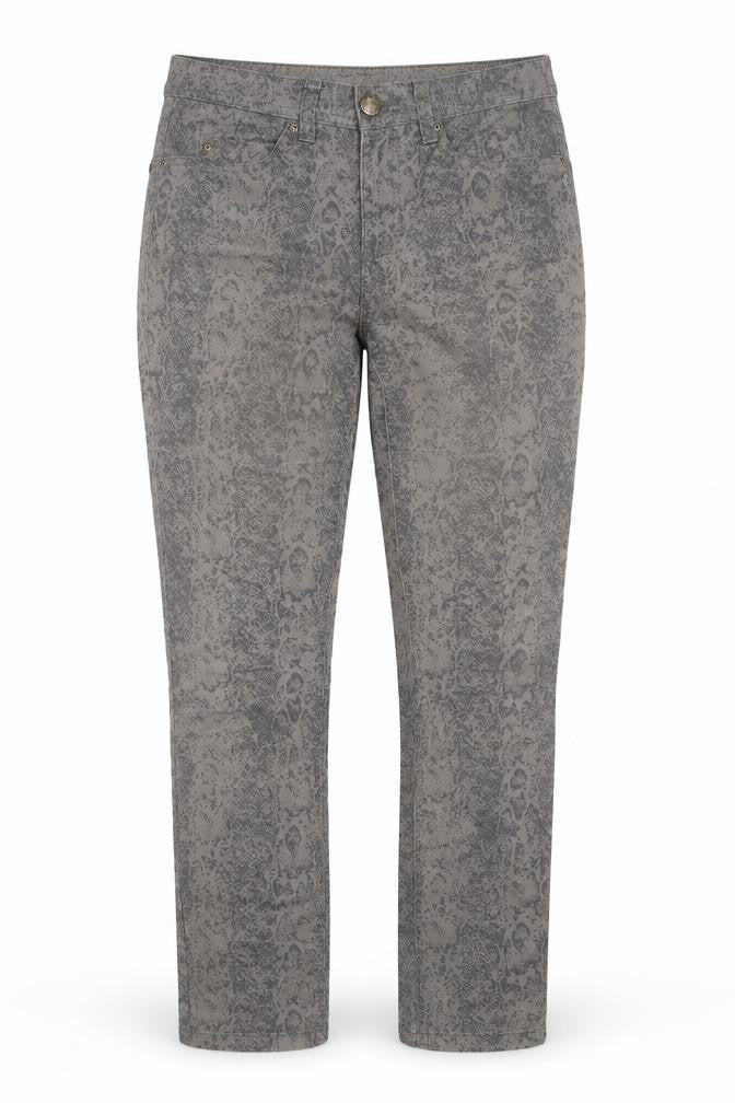 Front view of Tchibo women’s grey animal print straight jeans, size UK 12, 29-inch leg