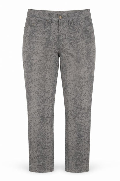 Front view of Tchibo women’s grey animal print straight jeans, size UK 12, 29-inch leg
