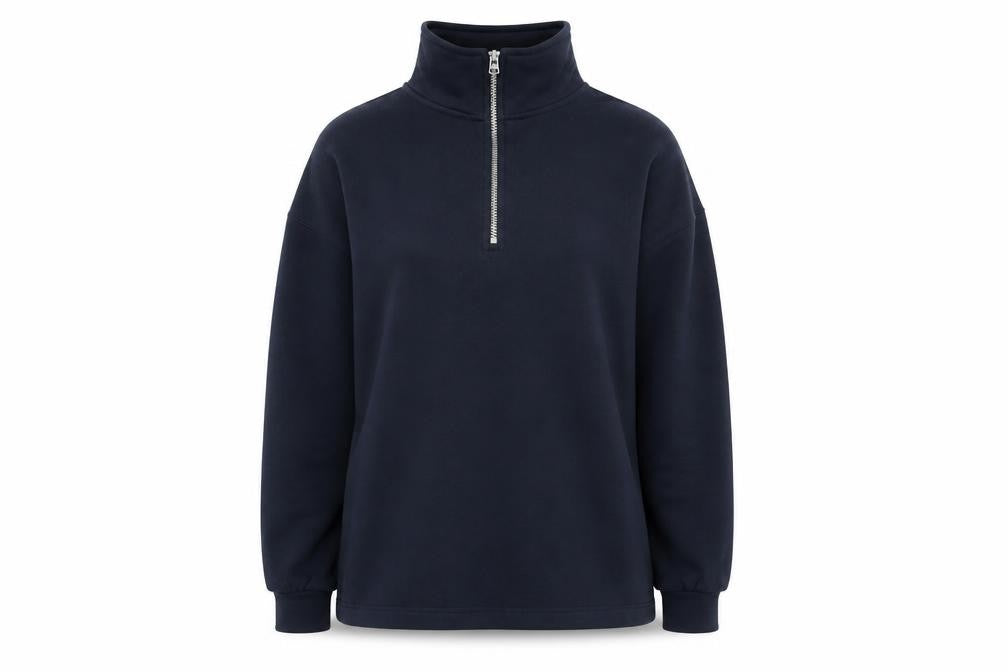 Front view of US BASIC women’s blue pullover sweatshirt, size M