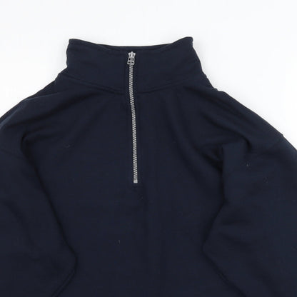 Close-up detail of US BASIC women’s blue pullover sweatshirt, size M