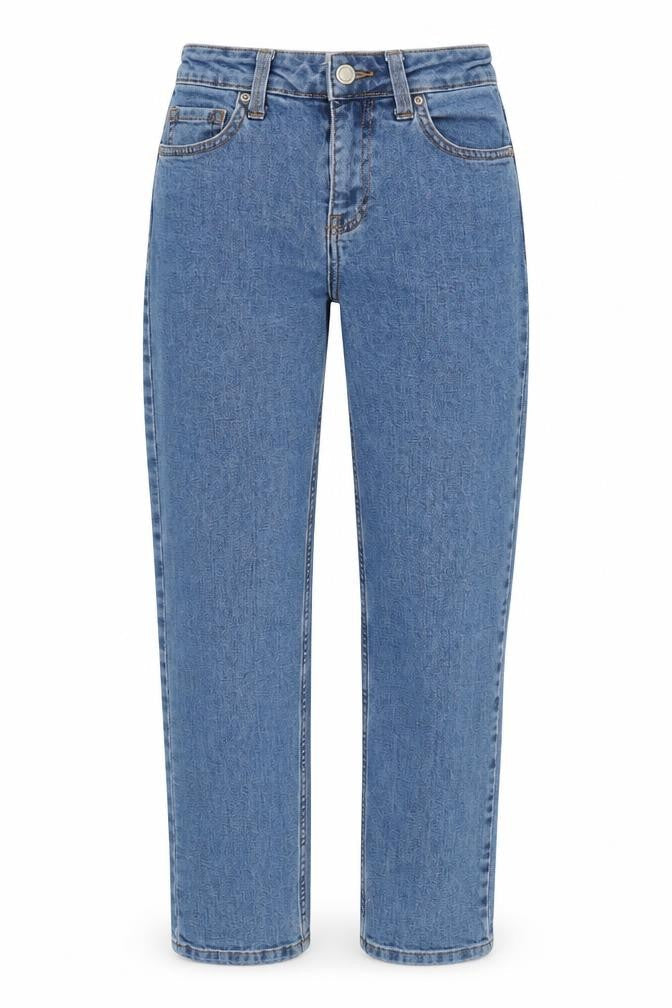 Front view of Bershka women’s blue denim straight jeans, size UK 4, 24-inch leg
