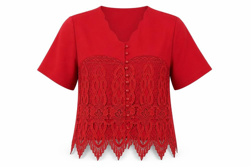 Front view of Mac Collection women’s red lace basic button-up, size M