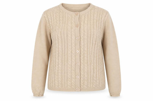 Front view of Afibel women’s beige knit cardigan jumper, size UK 10