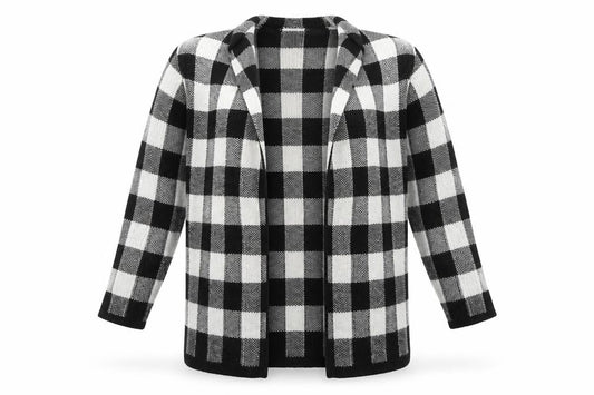 Front view of isle women’s multicoloured check cardigan jumper, size UK 16
