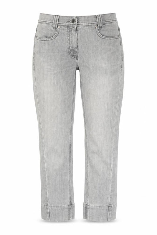 Front view of Taifun women’s grey denim cropped jeans, size UK 28, in, 25-inch leg