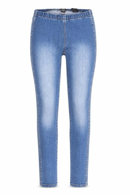 Front view of H&M women’s blue denim jegging jeans, size S, 32-inch leg