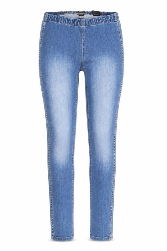 Front view of H&M women’s blue denim jegging jeans, size S, 32-inch leg