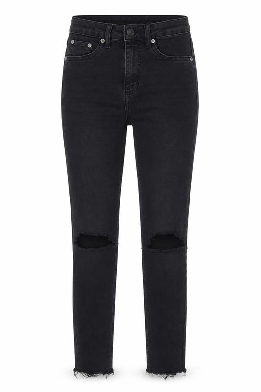 Front view of 157 women’s black denim skinny jeans, size S, 28-inch leg