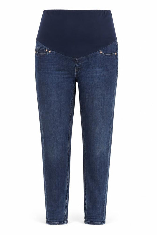 Front view of H&M women’s blue denim mom jeans, size M, 29-inch leg