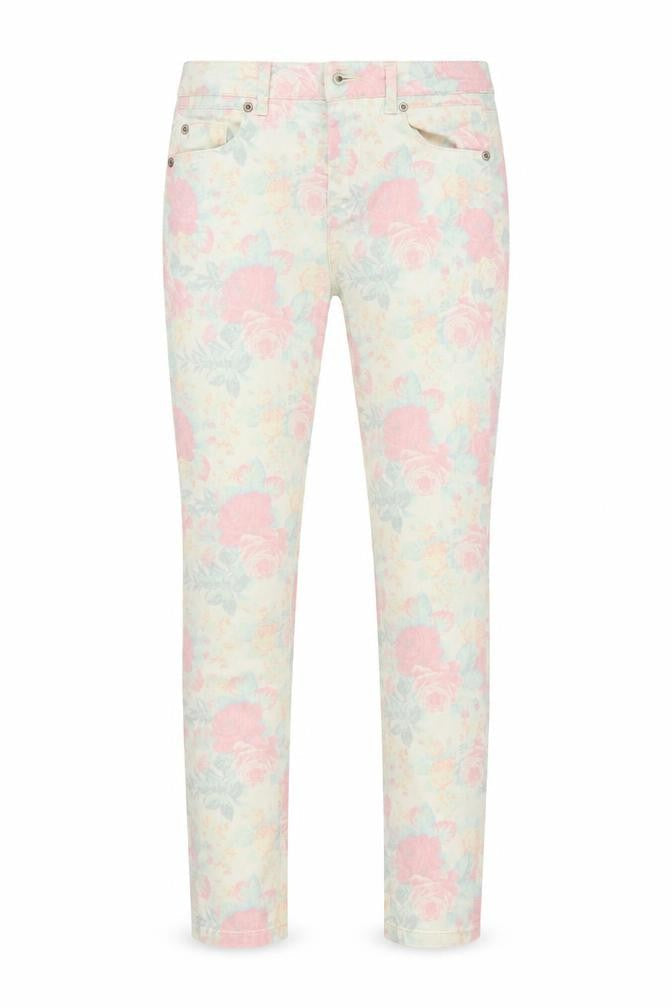 Front view of Topshop women’s ivory floral denim skinny jeans, size UK 25, in, 32-inch leg