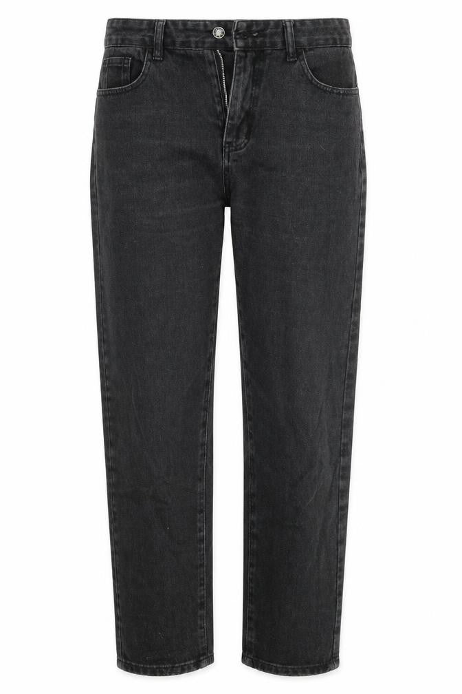 Front view of SHEIN women’s black denim straight jeans, size M, 27-inch leg
